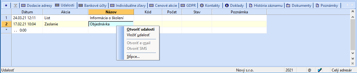 Vloženie udalosti k aktuálnej adrese